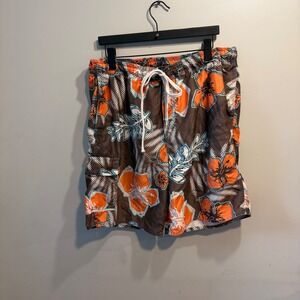 Duck Head Mens XL‎ Board Shorts Brown Orange Hibiscus Floral Swim Trunks Cargo